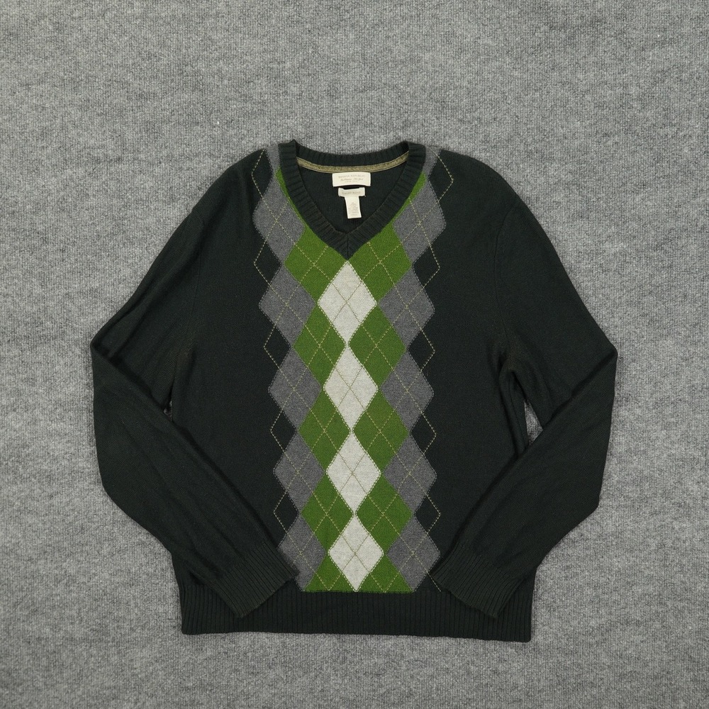 Banana Republic Sweater Mens Medium Green Argyle Luxury‎ Blend Cashmere V-Neck